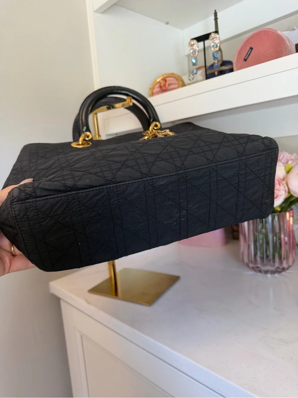 Dior Black Quilted Lady Dior Cannage Satchel Tote Bag gold Dior charm